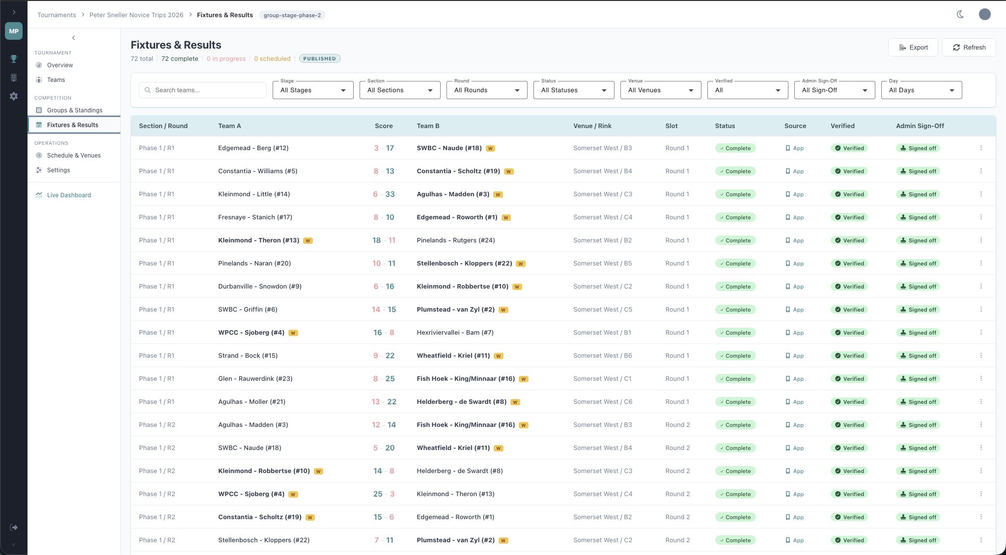 MatchPlanner admin portal — fixtures and results