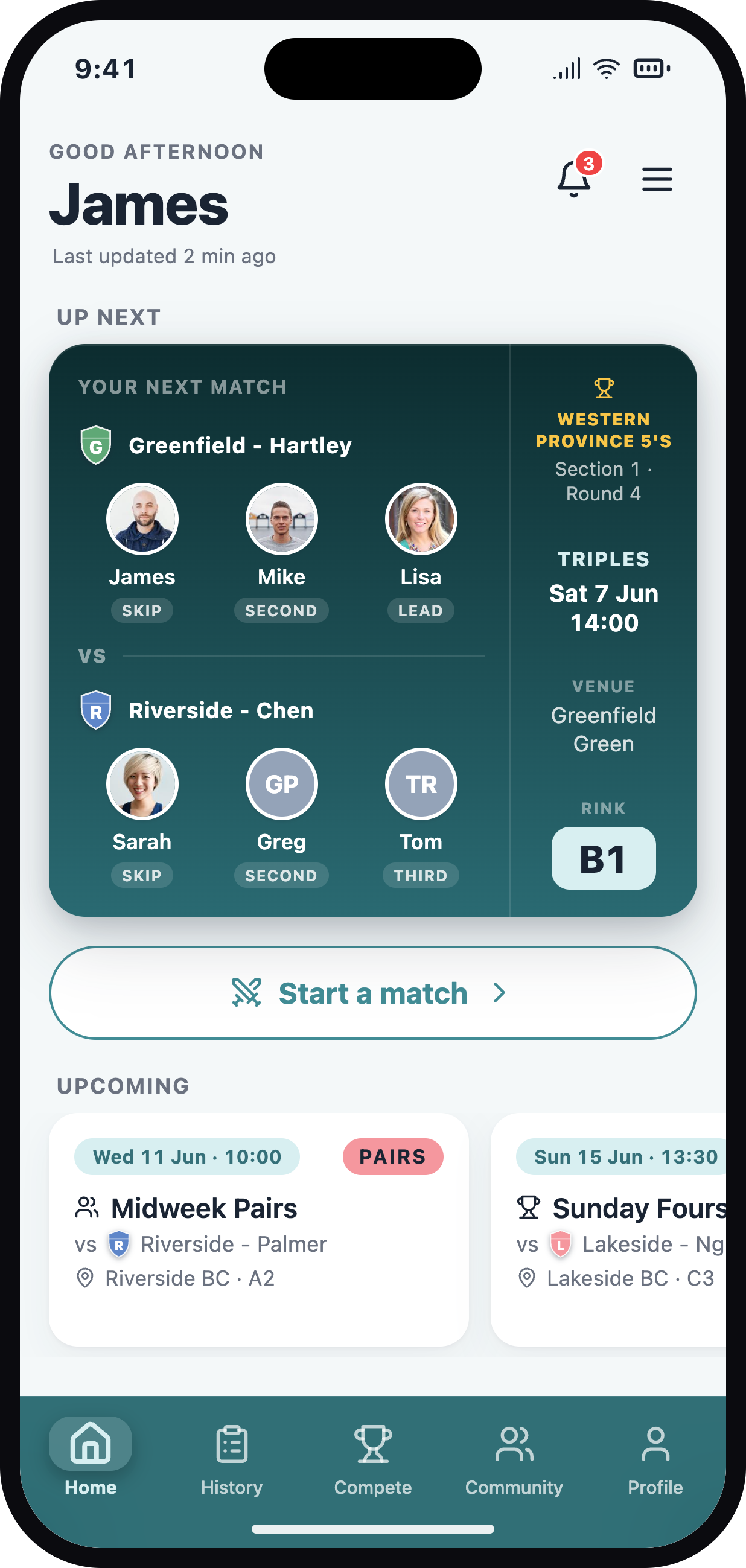 MatchPlanner mobile app — home screen